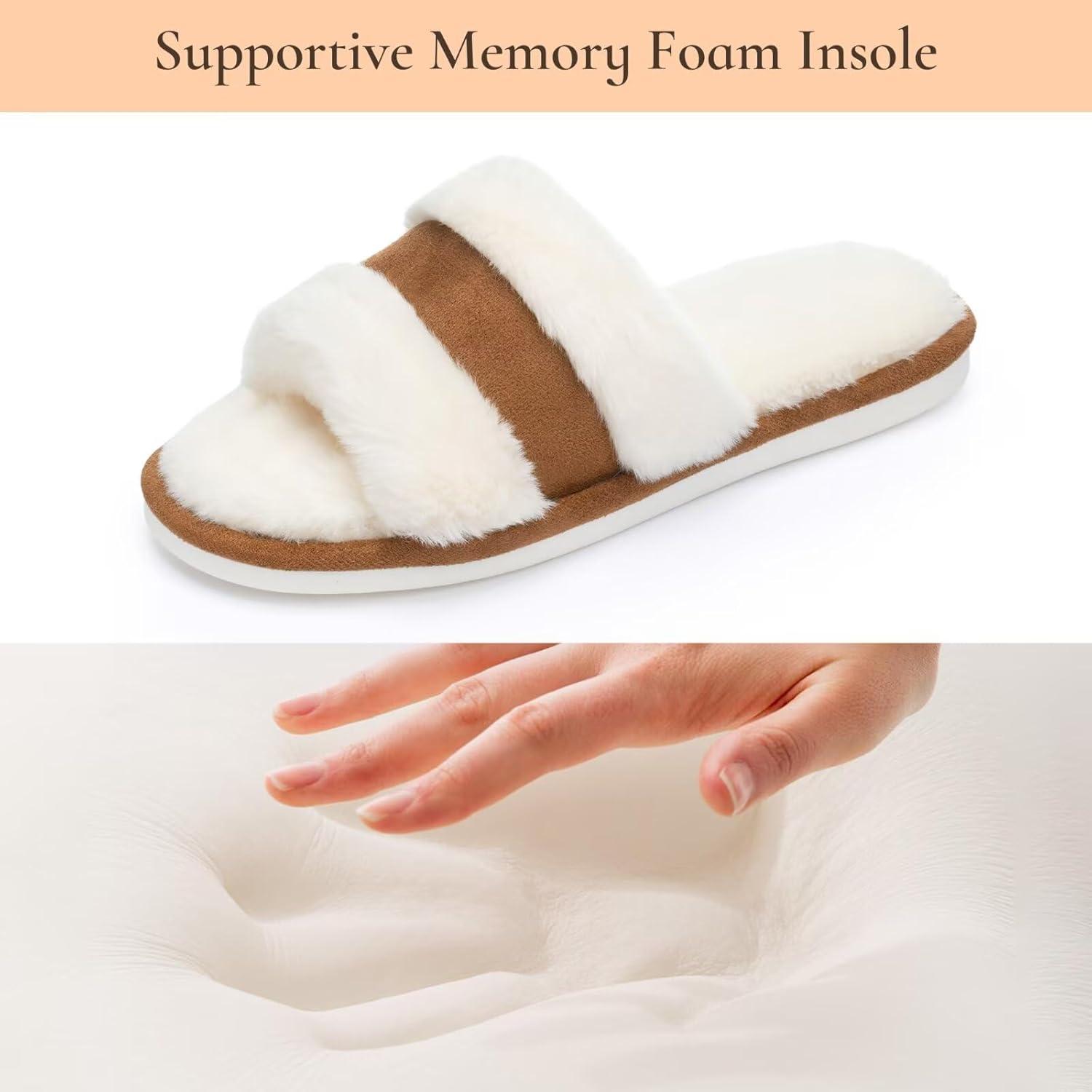 imageNineCiFun Womens Fuzzy Opentoe Slippers Memory Foam Indoor House Slides Ladies Home Shoes for SummerCamel