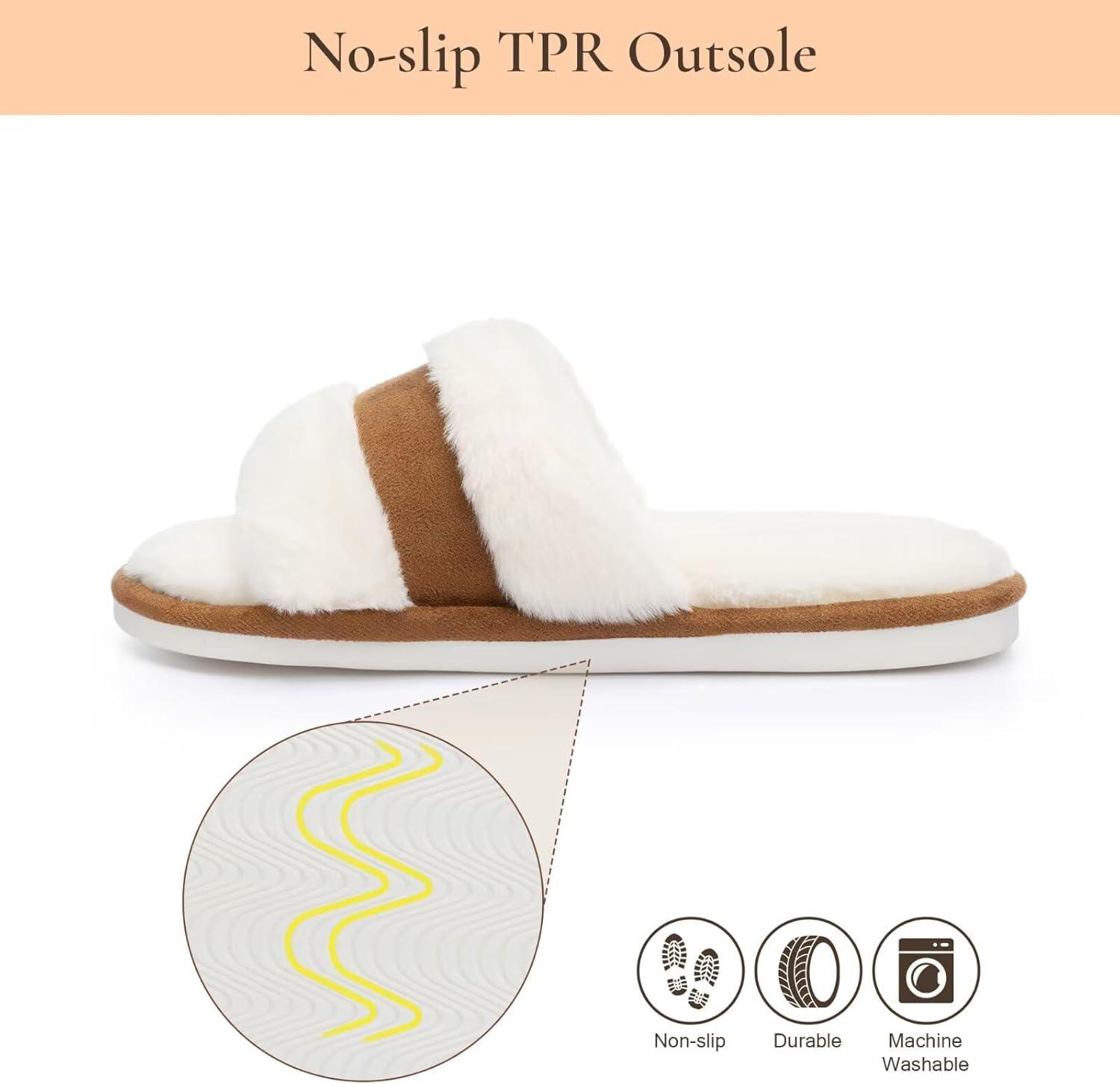 imageNineCiFun Womens Fuzzy Opentoe Slippers Memory Foam Indoor House Slides Ladies Home Shoes for SummerCamel