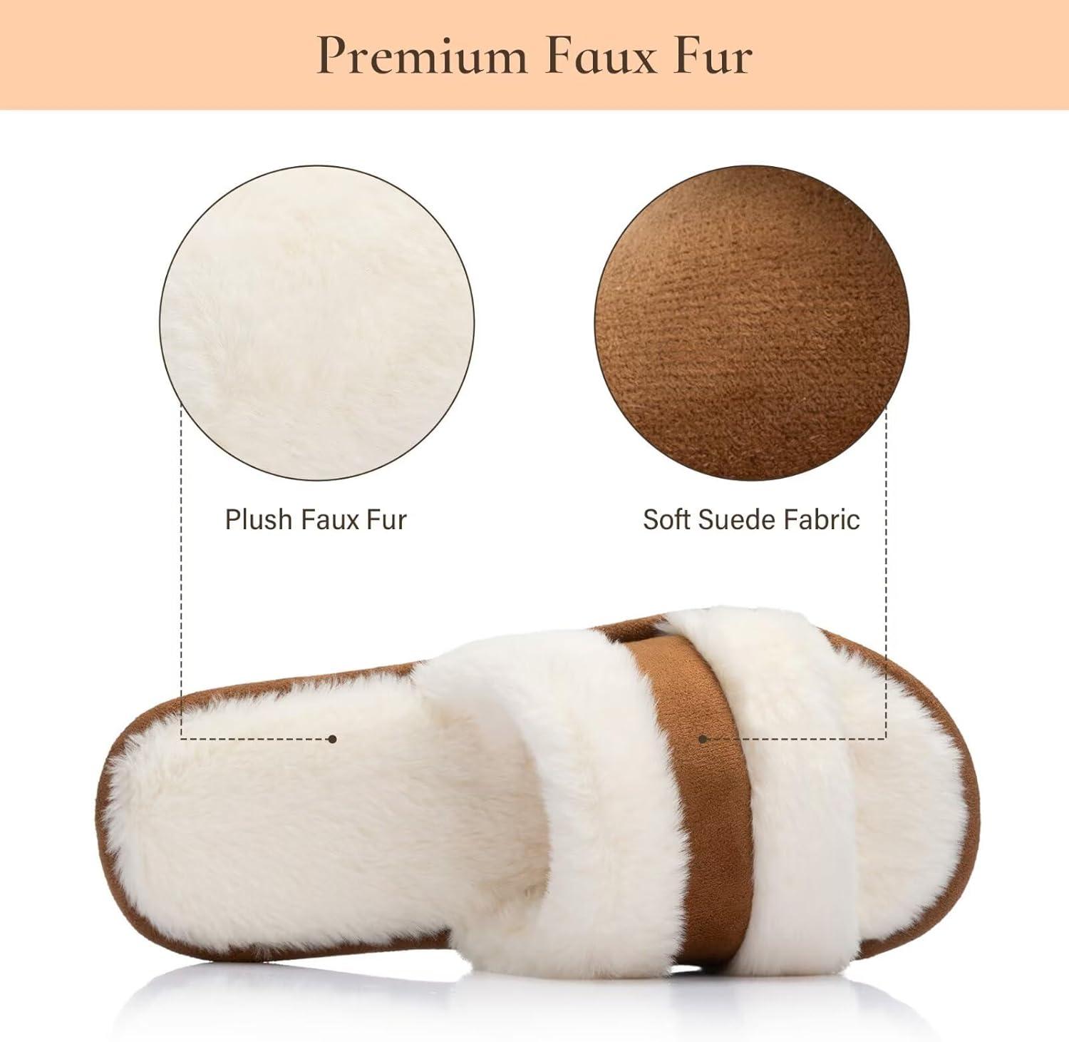 imageNineCiFun Womens Fuzzy Opentoe Slippers Memory Foam Indoor House Slides Ladies Home Shoes for SummerCamel