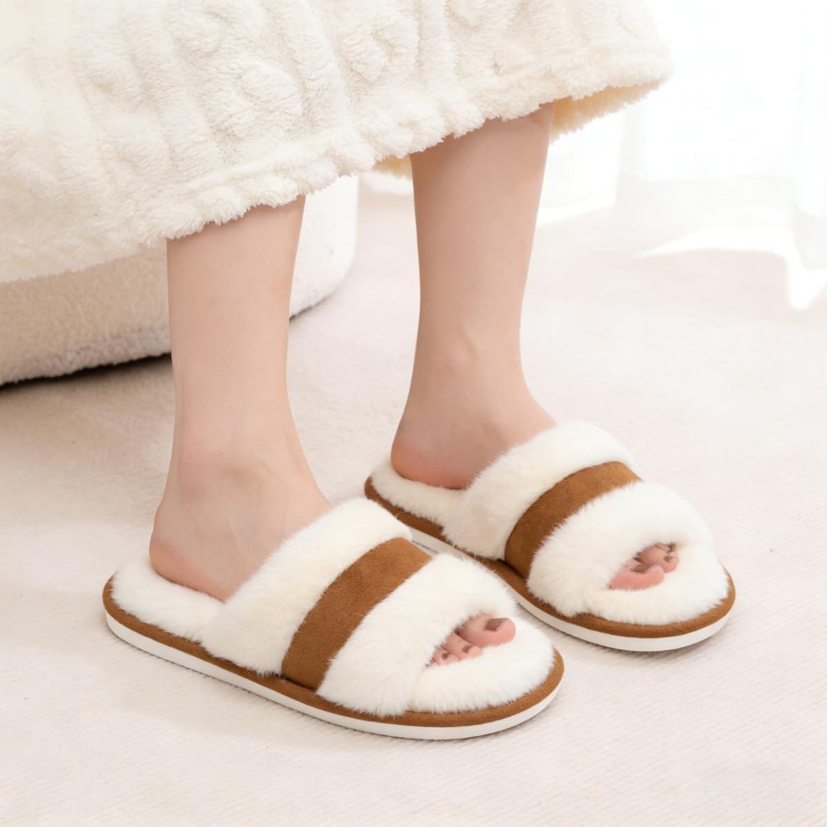 imageNineCiFun Womens Fuzzy Opentoe Slippers Memory Foam Indoor House Slides Ladies Home Shoes for SummerCamel