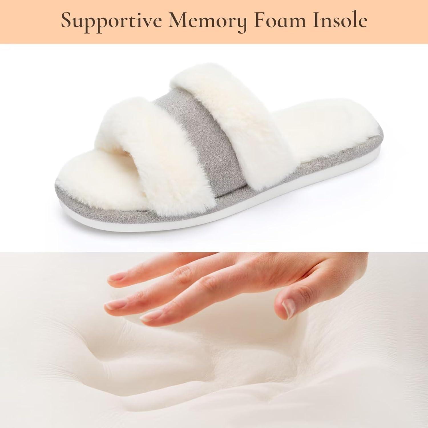imageNineCiFun Womens Fuzzy Opentoe Slippers Memory Foam Indoor House Slides Ladies Home Shoes for SummerGrey