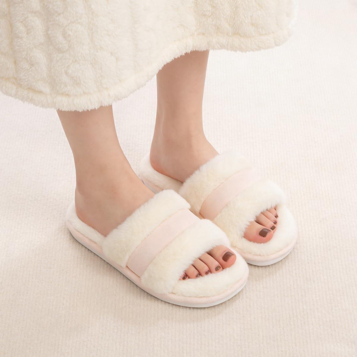 imageNineCiFun Womens Fuzzy Opentoe Slippers Memory Foam Indoor House Slides Ladies Home Shoes for SummerPink