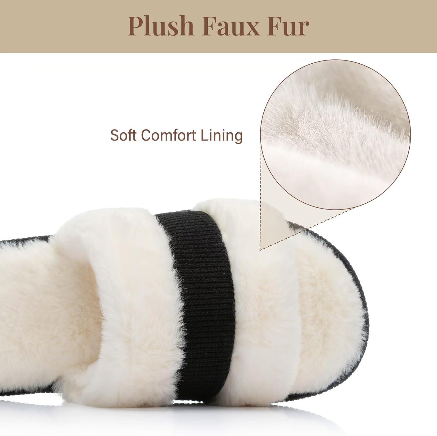 imageNineCiFun Womens OpenToe Slippers with Memory Foam Soft Faux Fur SlipOn House Slides for Indoor Outdoor Comfort Cozy Fuzzy Bedroom Shoes for WomenBlack