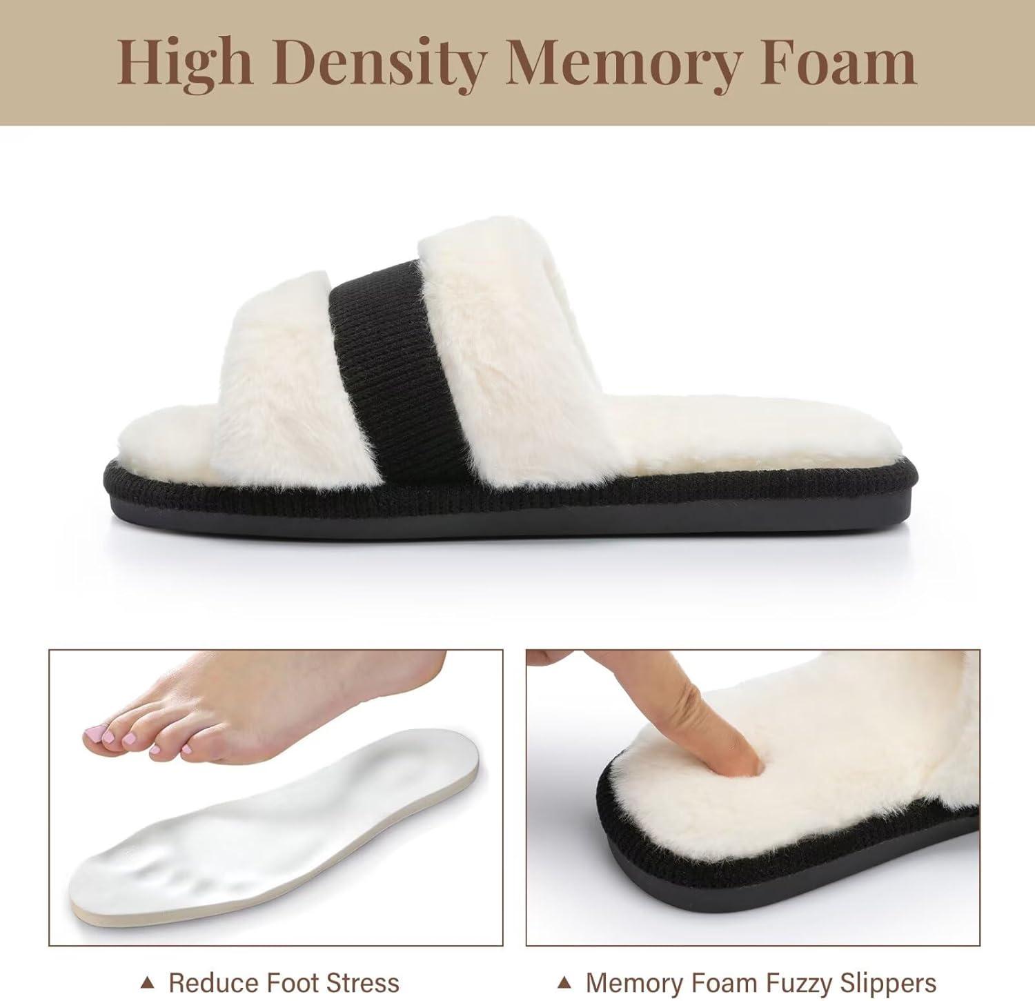 imageNineCiFun Womens OpenToe Slippers with Memory Foam Soft Faux Fur SlipOn House Slides for Indoor Outdoor Comfort Cozy Fuzzy Bedroom Shoes for WomenBlack