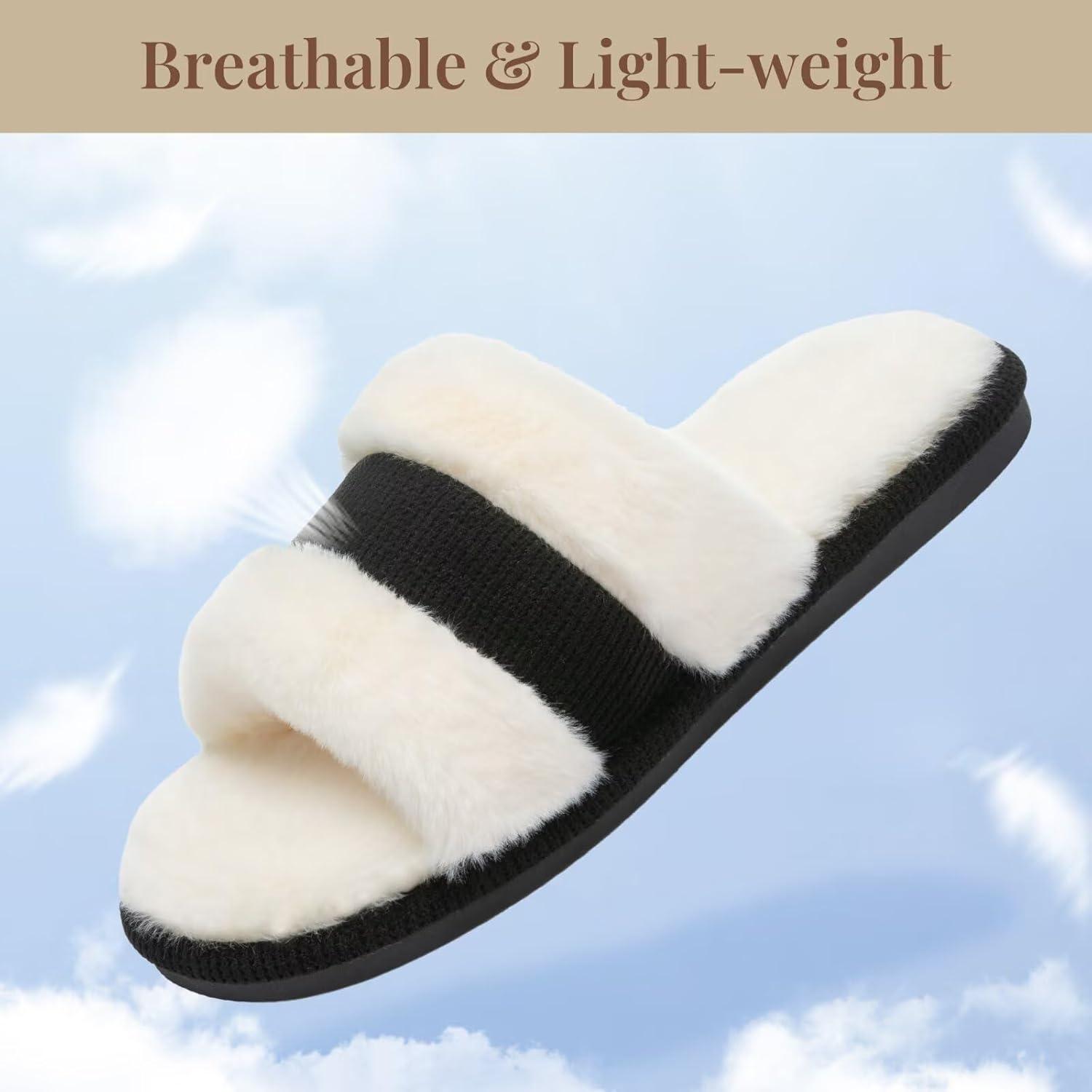 imageNineCiFun Womens OpenToe Slippers with Memory Foam Soft Faux Fur SlipOn House Slides for Indoor Outdoor Comfort Cozy Fuzzy Bedroom Shoes for WomenBlack