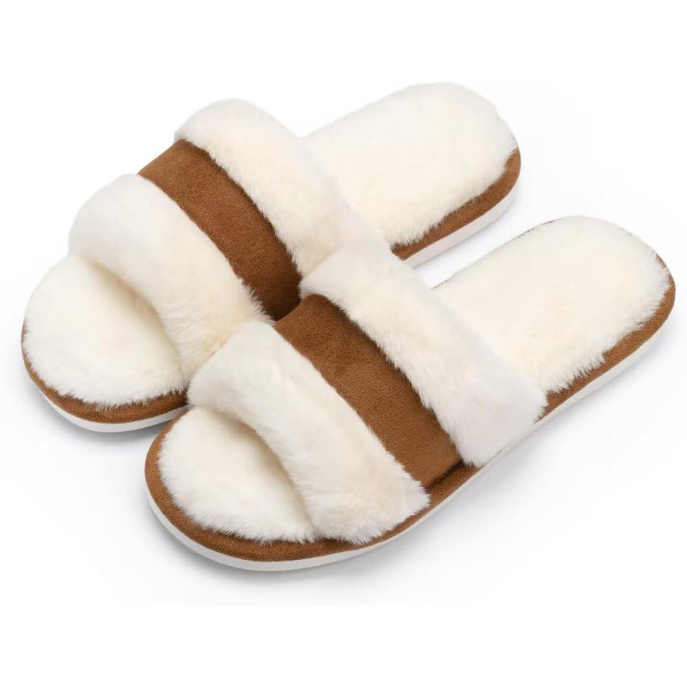 imageNineCiFun Womens Fuzzy Opentoe Slippers Memory Foam Indoor House Slides Ladies Home Shoes for SummerCamel