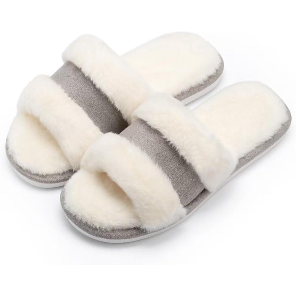 imageNineCiFun Womens Fuzzy Opentoe Slippers Memory Foam Indoor House Slides Ladies Home Shoes for SummerGrey